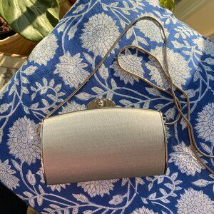 Vintage Stuart Weitzman Silver Satin Minaudière / Box Clutch w Removable Chain